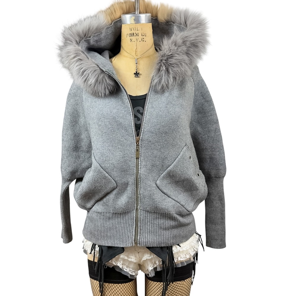 Y2K Japan Batwing Fur Gray Hoodie Grommet Full Zip Avant Garde Grunge Size L